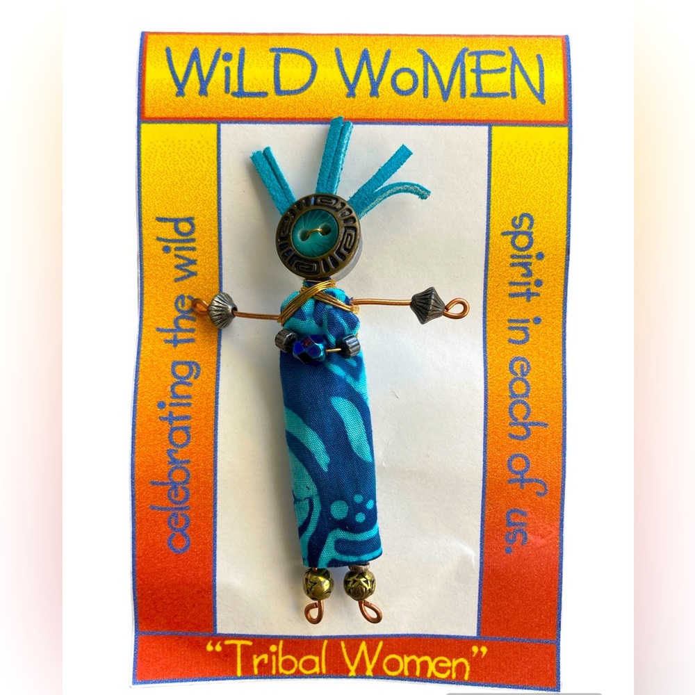 Wild Tribal Woman Pin Brooch HandCrafted Blue Copper Wire Unique Wearable Art